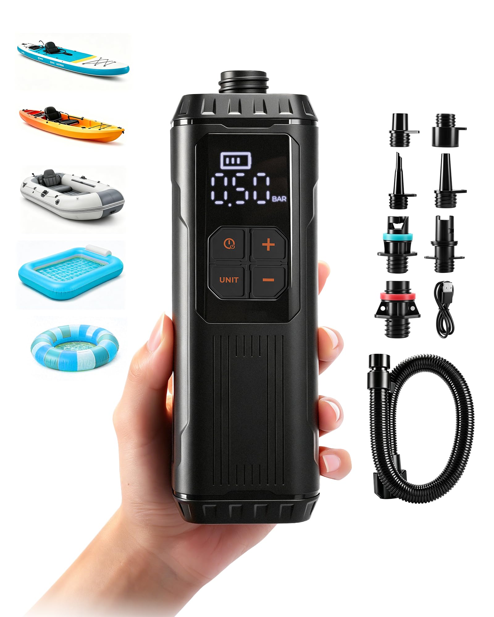 Mini Paddle Board Pumpe, Tragbare SUP Luftpumpe mit Akku, Leichte Elektrische Inflator 12PSI Automatische Abschaltung, USB-C Wiederaufladbar für Paddle Boards, Kajak, Pool Floats