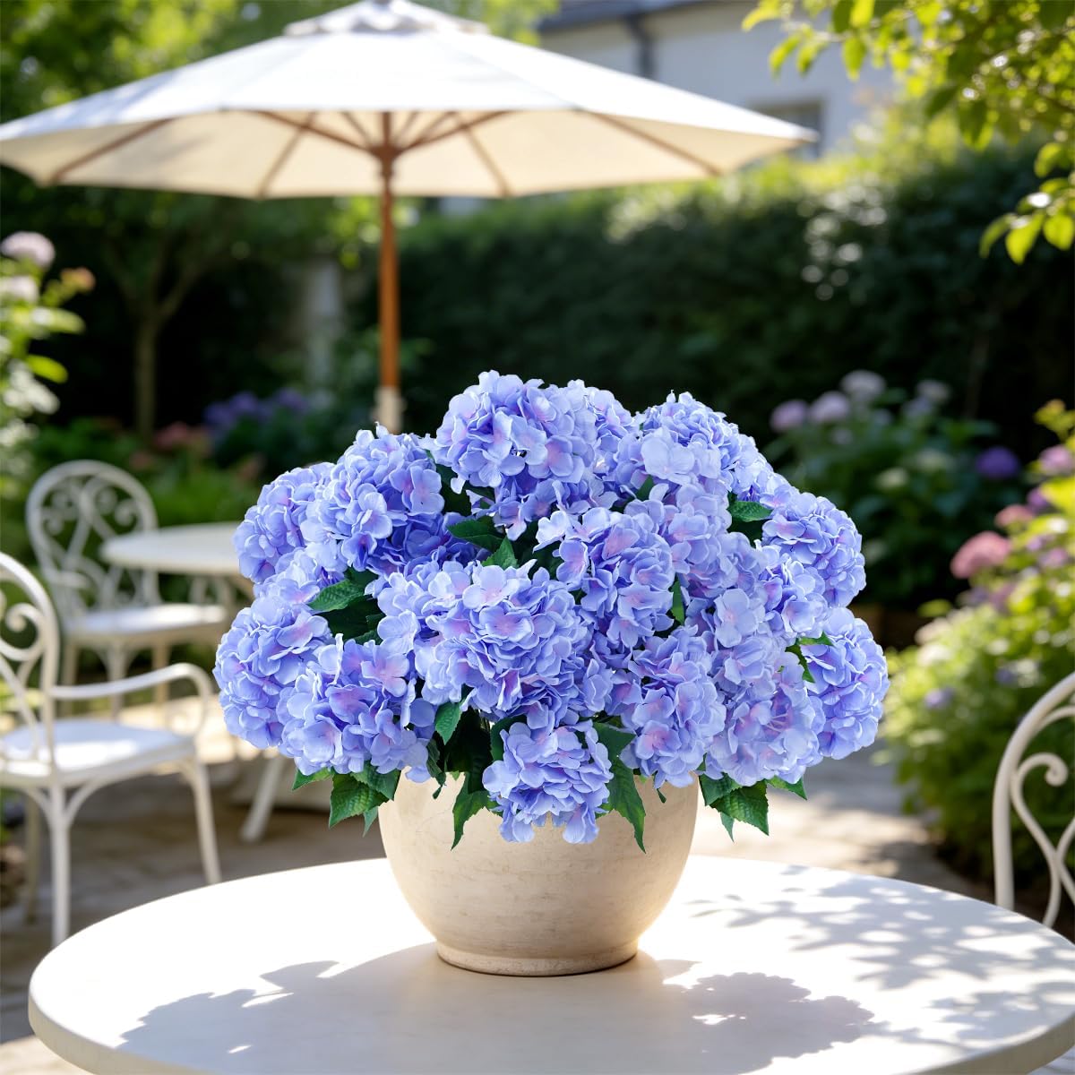 Sousi Hydrangea Artificial Flower for Outdoor, 4 Bundles Fake Hydrangea Bush Plant UV Resistant for Outdoors Front Porch Indoor Home Garden Decor(Blue)