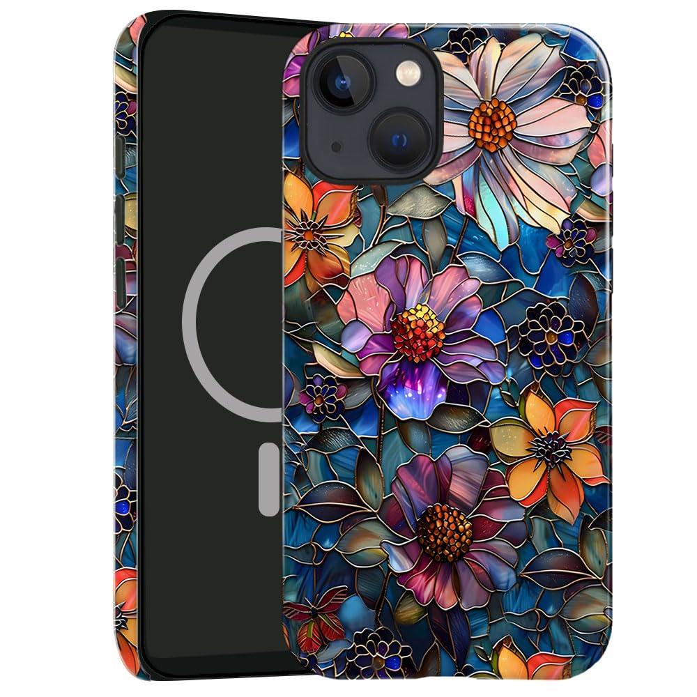 TnXee Case Compatible with iPhone 14,Compatible with MagSafe,Glossy Fall Prevention Hybrid 2-Layer Hard Shell Cases for Girls Boys,Colorful Floral