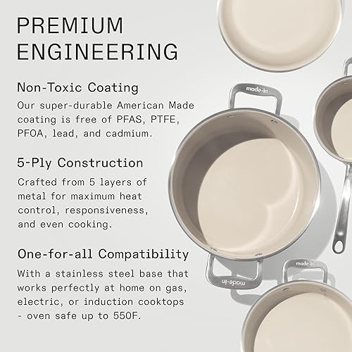 Miniatura 3 de Made In Utensilios de cocina - Juego de ollas y sartenes antiadherentes de cerámica de 7 piezas (mango inoxidable), revestimiento de acero