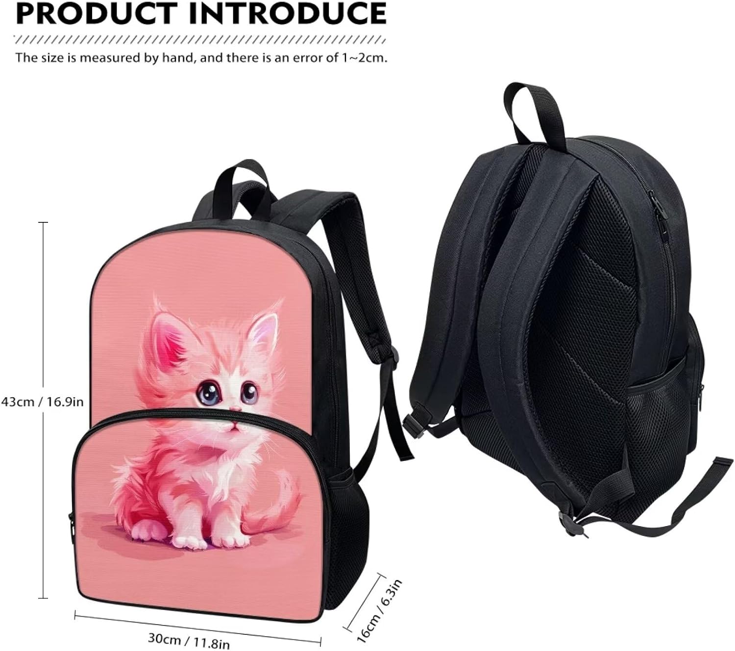Pink Cat School Backpack for Girls 8-12 Toddler School Backpack Large Capacity Back Pack with Water Bottle Holder Daypack Shoulder Bags