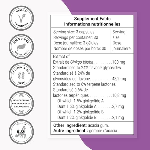Miniatura 4 de Supersmart - Ginkgo Biloba 180 mg por porción - Extracto estandarizado al 24% de flavonglicósidos de ginkgo - Puede mejorar el rendimiento máximo y
