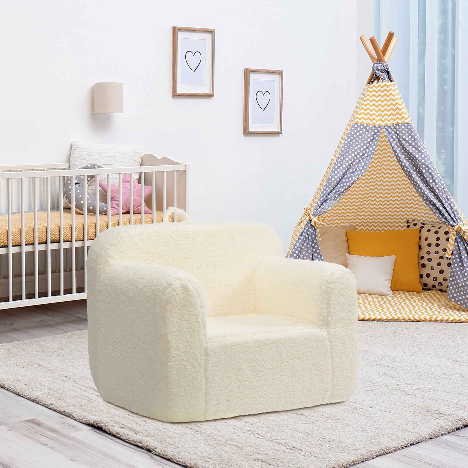 BEJOY Fauteuil pour Enfant,Canapé Ultra-Doux en Mousse Moelleuse,Fauteuil Câlin Simple en Sherpa Peluche,Canapé de Lecture Confortable pour Garçons et Filles,Crème