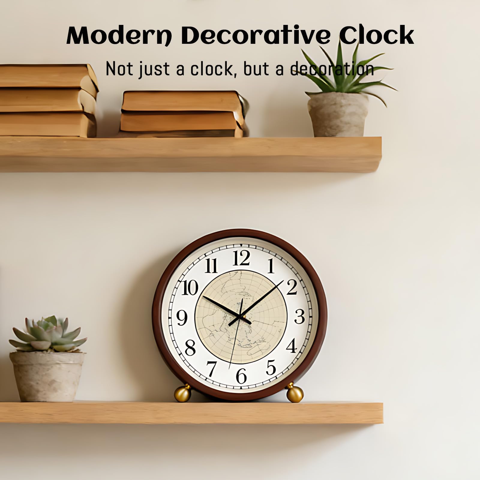 Maxspace Reloj de mesa silencioso de madera de 8 pulgadas, reloj de escritorio, funciona con pilas, reloj redondo para decoración de sala de estar, oficina, dormitorio (nogal - mapa)
