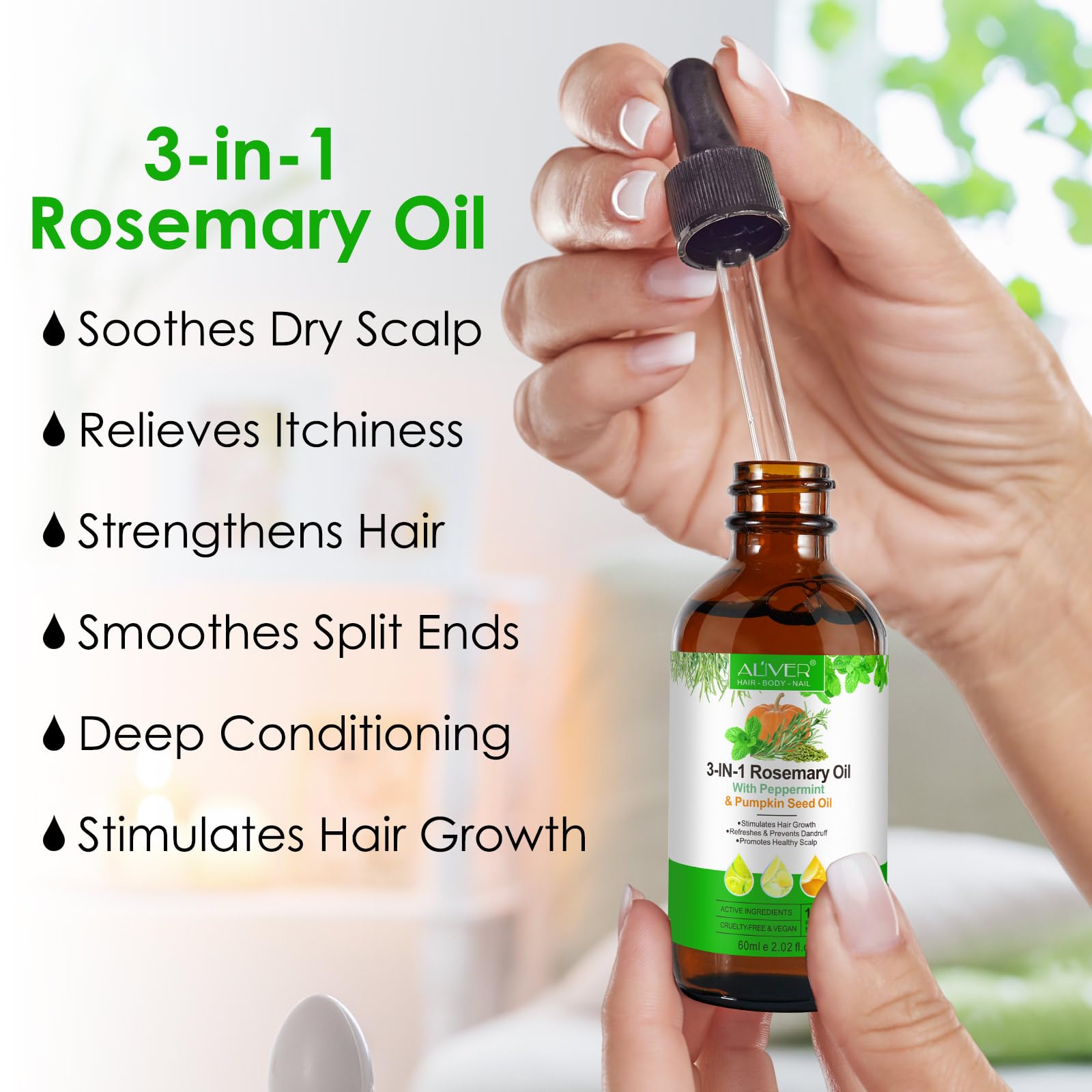Olio di rosmarino per capelli,con olio di menta piperita,olio di semi di zucca, olio per la crescita dei capelli,olio di rosmarino per capelli,corpo,100% puro naturale,60 ml
