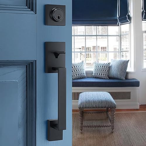 Miniatura 10 de dairazan Moderna manija de puerta delantera de latón satinado  Cerradura de puerta de entrada con cerrojo de un solo cilindro, juego de palanca de