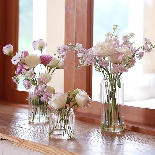 Miniatura 6 de Juego de 6 jarrones pequeños de vidrio para flores, modernos jarrones cilíndricos acanalados para centros de mesa de boda, decoración de sala de