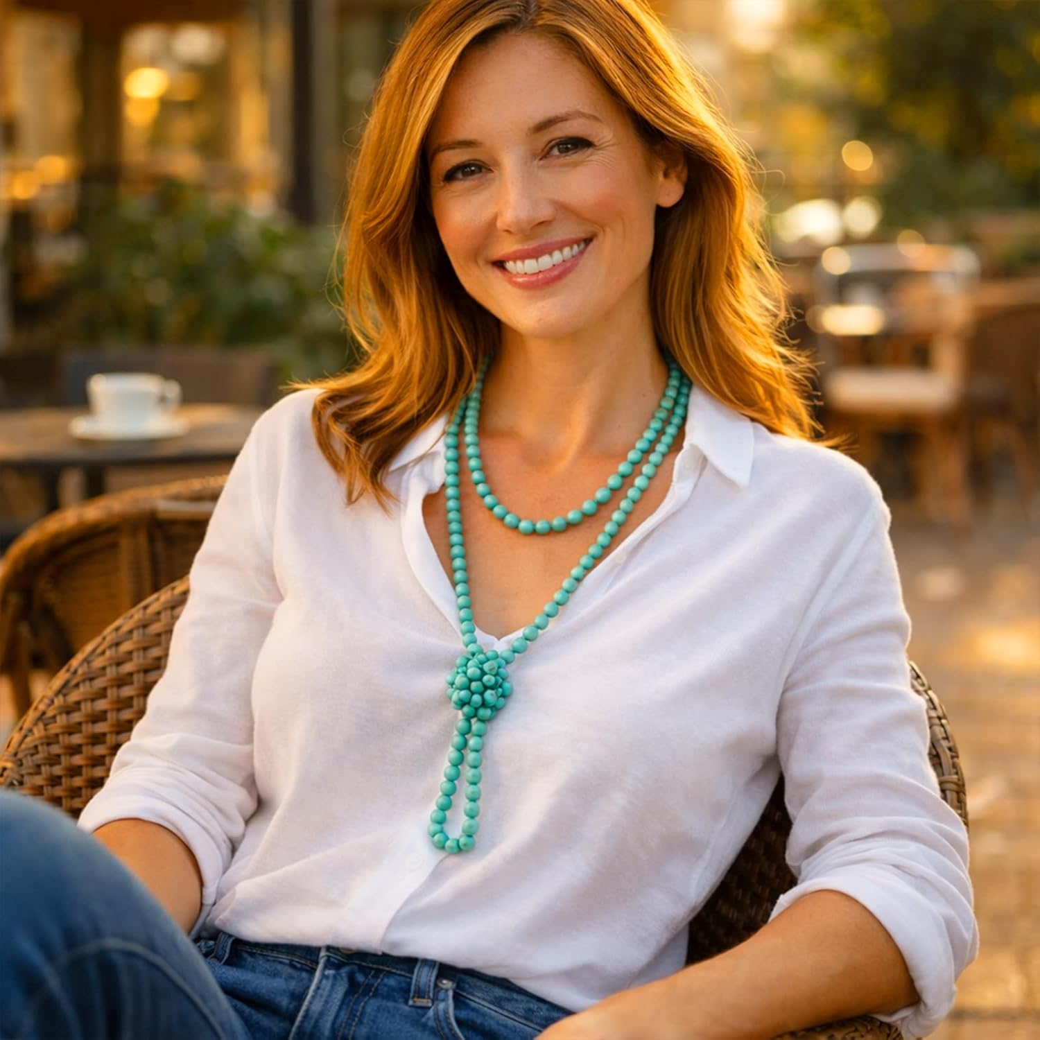 Sheplus Turquoise Beaded Necklace for Women, Long Boho Statement Necklace, Layered Multi Strand Lariat Necklace, Handmade Western Jewelry Gift for Her