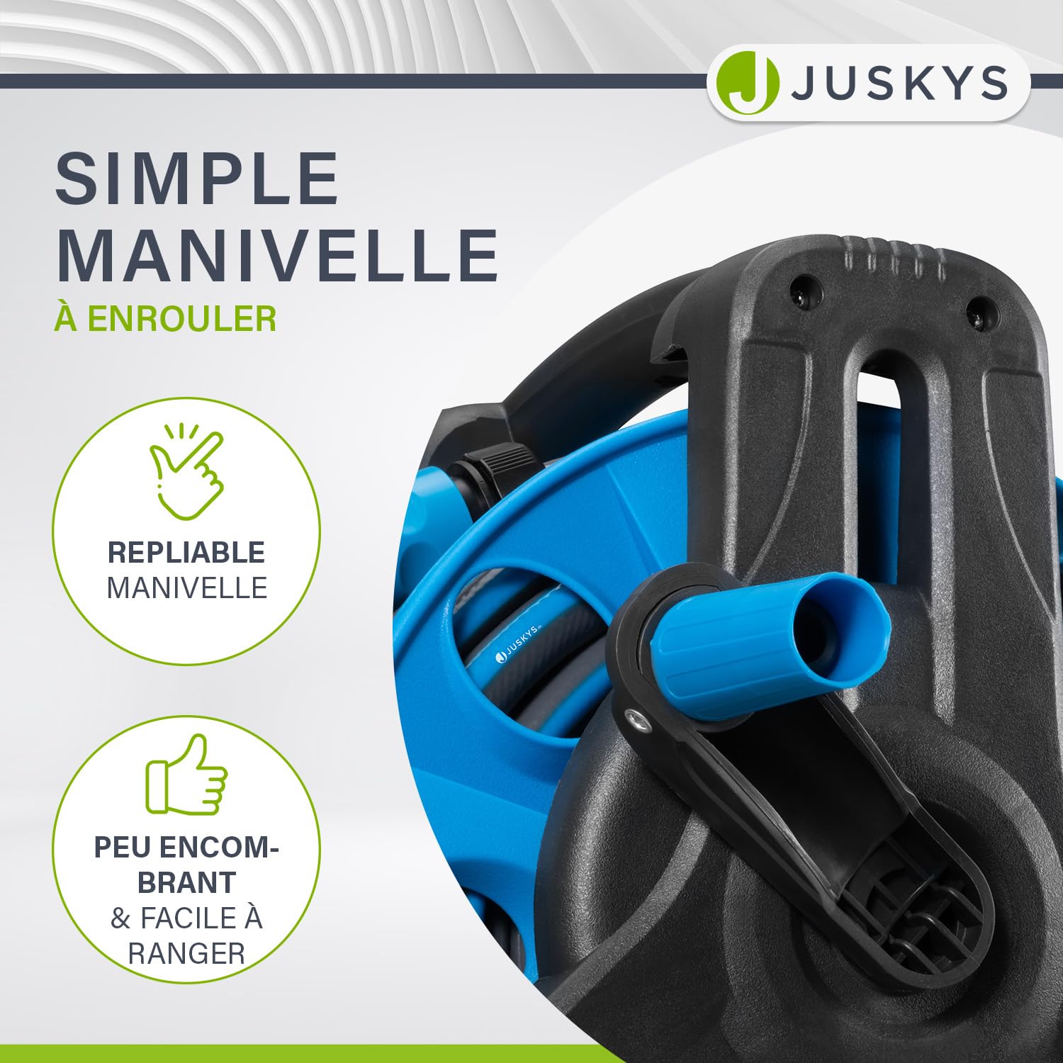 Juskys enrouleur de tuyau avec 30 m + 2 m de tuyau et pommeau multifonction - enrouleur de tuyau mobile avec support mural, buse — bleu gris foncé