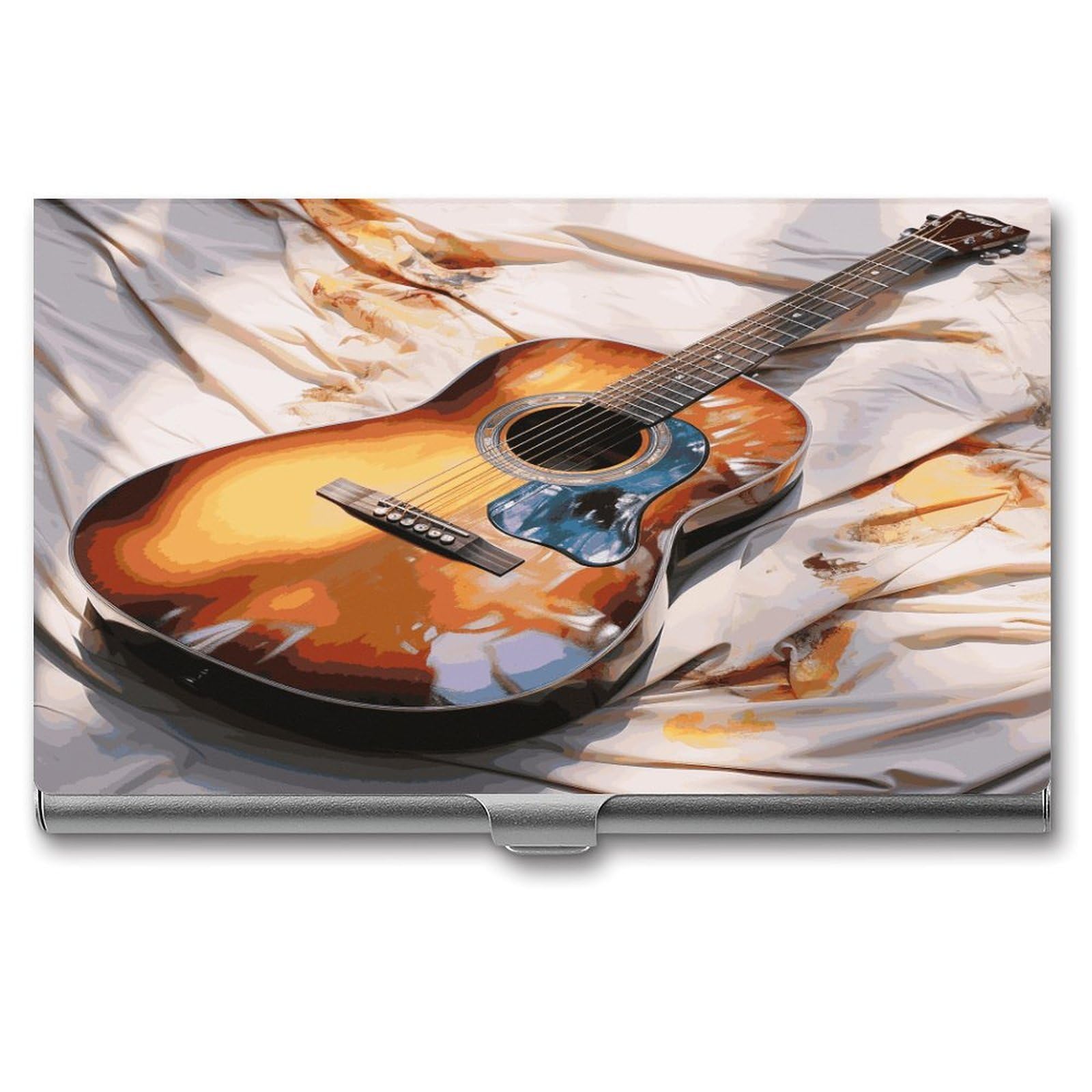 LDGSUPH Watercolor Acoustic Guitar Business Card Holder Fashion Slim Name Card Holder Minimalist Design Case Metal Card Carrier Personalized Business Card Case with Flip for Men Women