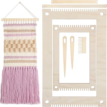 7 PCS Rectangle Weaving Loom Kit Reusable Wood Weavings Looms Kit Bookmark Looms with Wooden Stick, Weavings Comb, Crochet Needle for Kids Adults Beginners and Weavinges Lovers