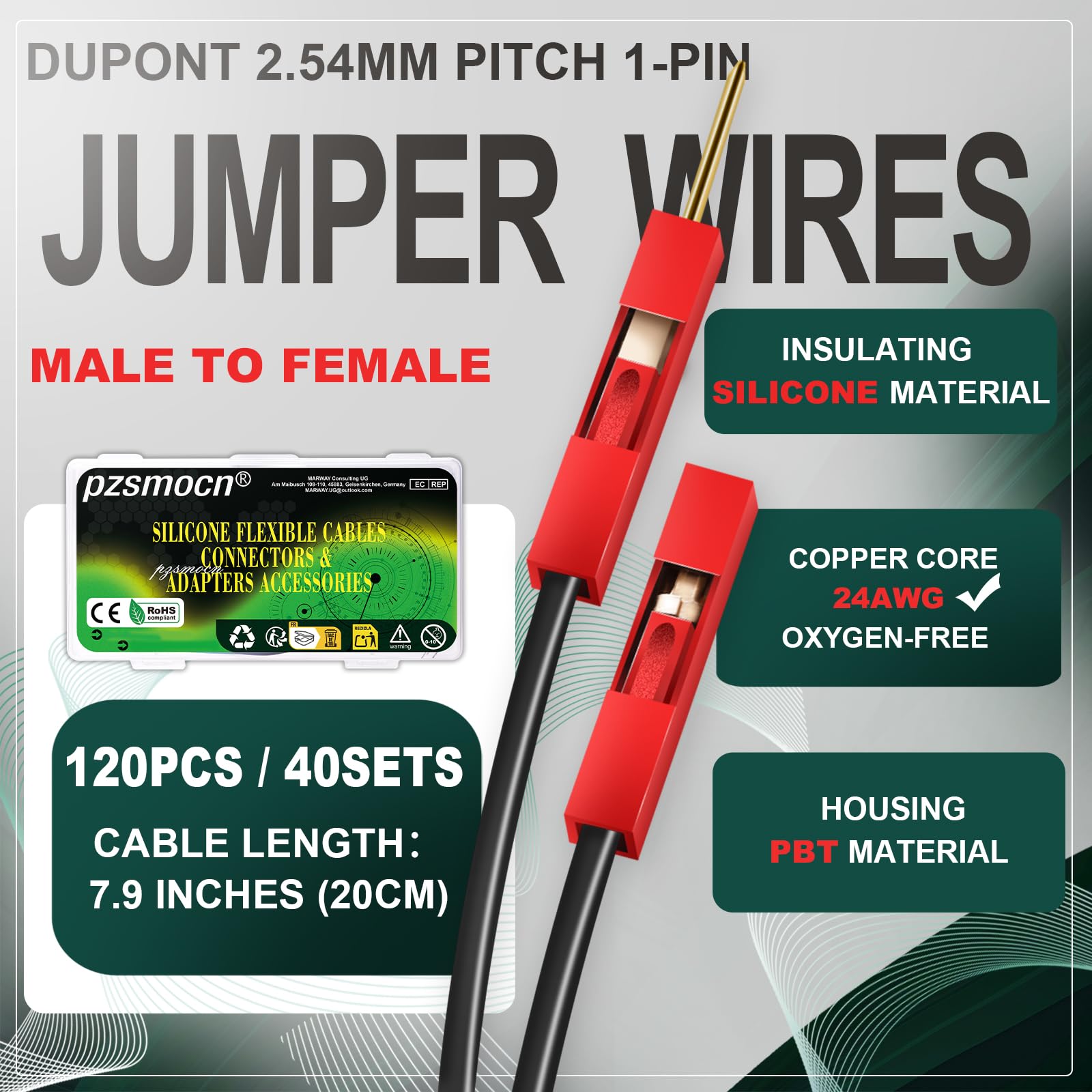 Kable rozruchowe do Dupont silikonowy drut 24AWG kable kablowe 40 zestawów/120 sztuk do zestawu złączy DuPont 2,54 mm 1-pin, czerwony męski na żeński 20 cm, do Arduino Raspberry Pi Breadboard