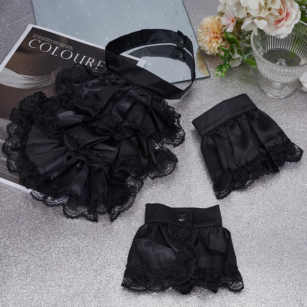 CRAFTYMELODY Victorian Lace Jabot Cuffs Set Black Colonial Lace Jabot Cuffs Collars Victorian Steampunk Chiffon Neck Ruff Collar Floral Ruffled Costume Accessories for Halloween Cosplay Party - Image 4