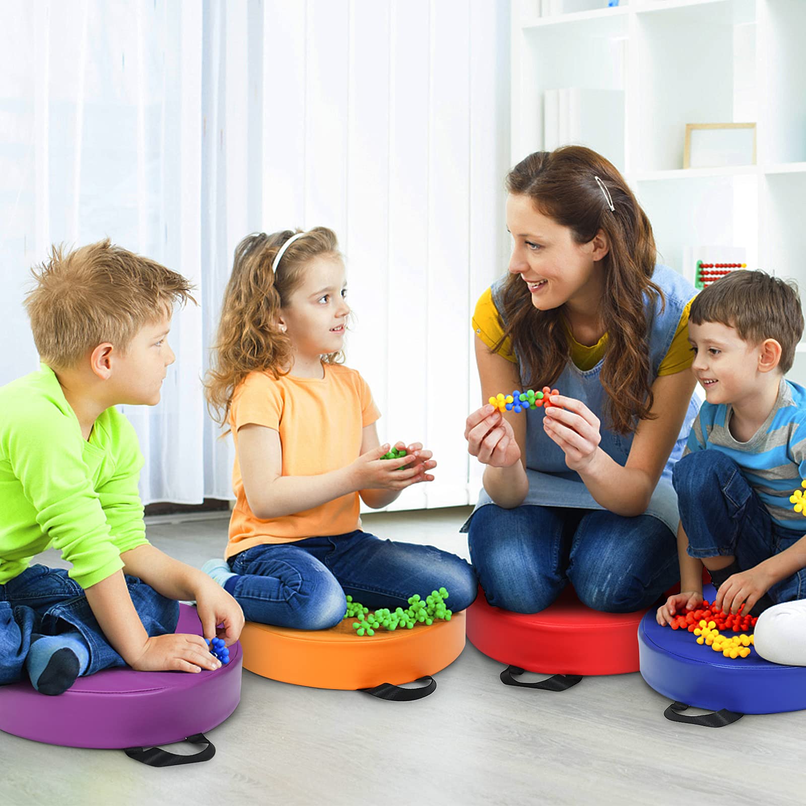 DREAMADE 6 PCS Bodenkissen mit Griff, Rundkissen aus Schaumstoff & PU, Stuhlkissen Sitzkissen für Kinder zur Farberkennung, Für Wohnzimmer, Kinderzimmer, Esszimmer, Garten (Rund, Bunt)
