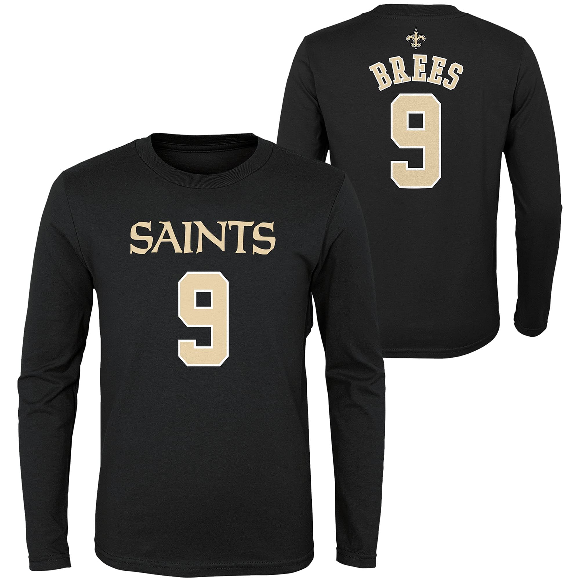NFL Youth Team Color Mainliner Player Name and Number Long Sleeve Jersey T-Shirt (Medium 10/12, Drew Brees New Orleans Saints Black)