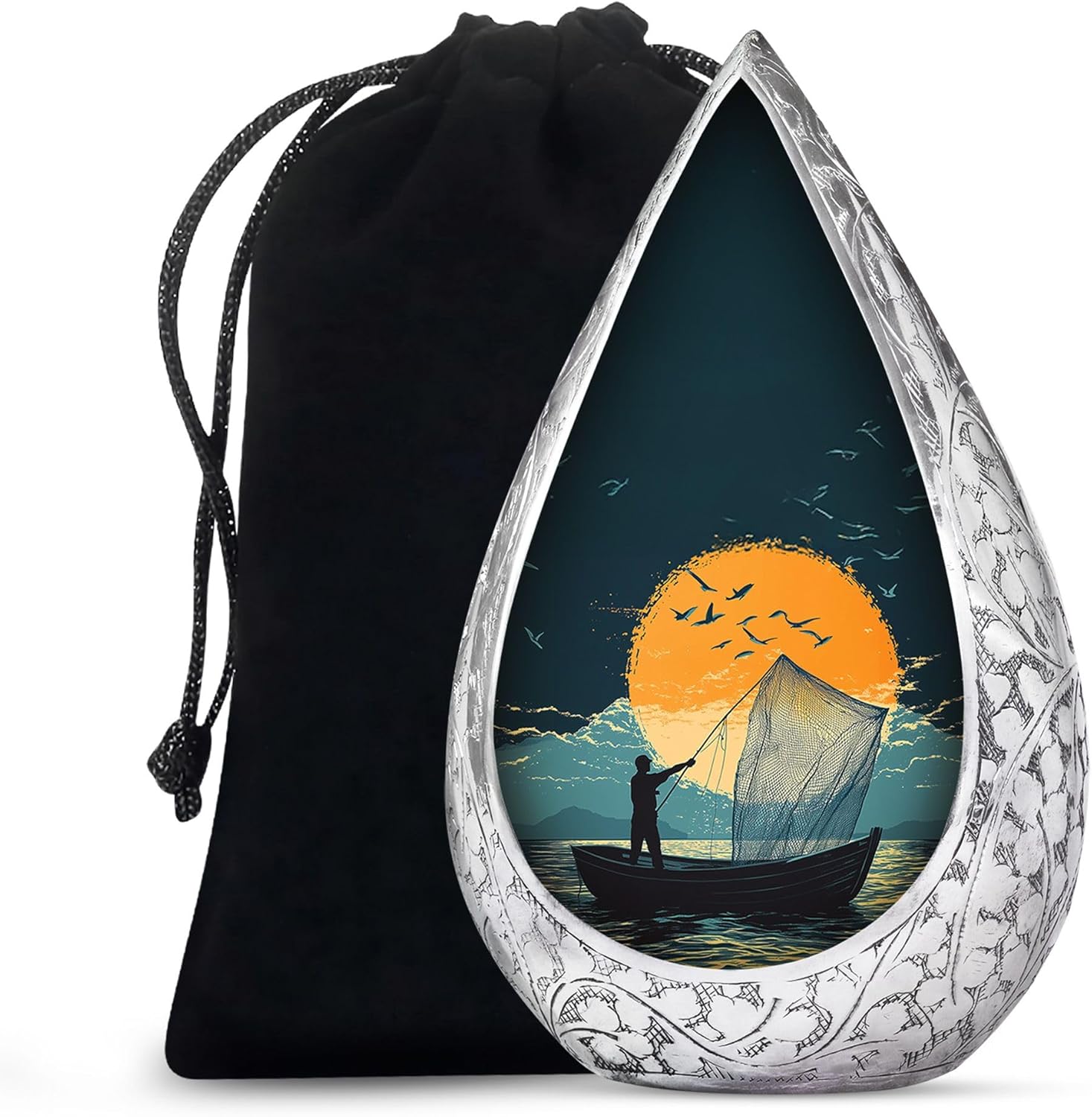 Fisherman Urn for Men Large Capacity - Ashes Cremation Urns for Burial - Fishing Funeral Ash Holder - Sunset Memorial Decorative Urns for Ashes - Adult Human Ash Urn for Male & Female 10 Inch