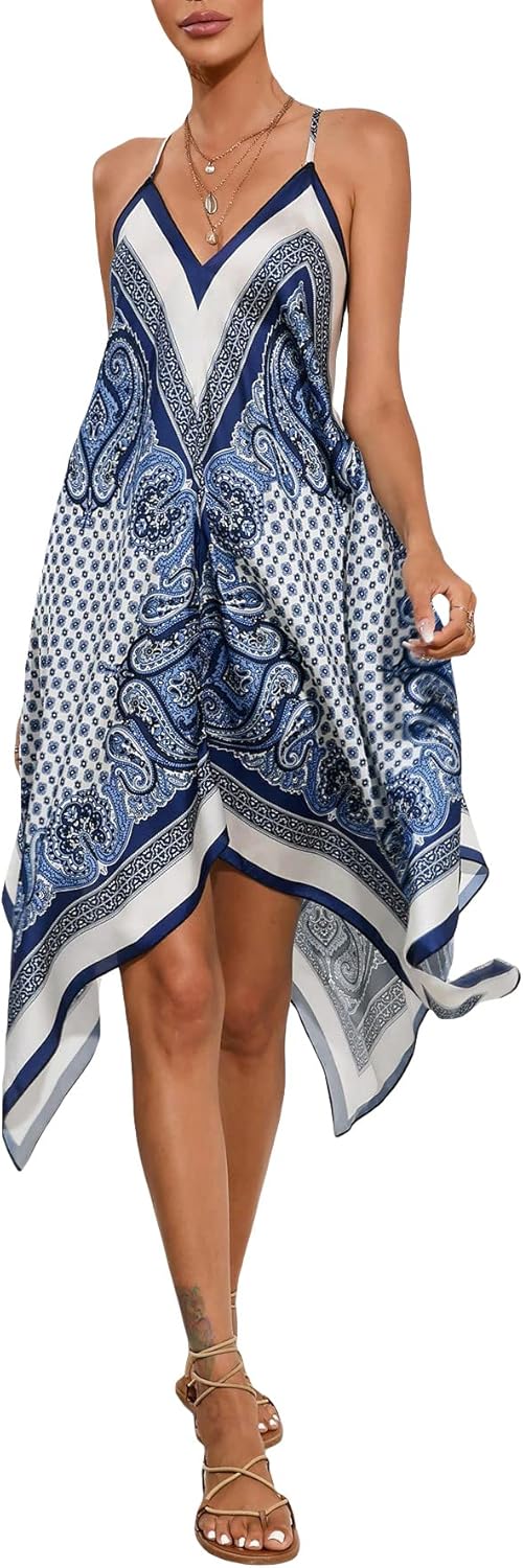 Floerns Women's Paisley Print Sleeveless Cami Dress Hanky Hem Asymmetrical Boho Dress