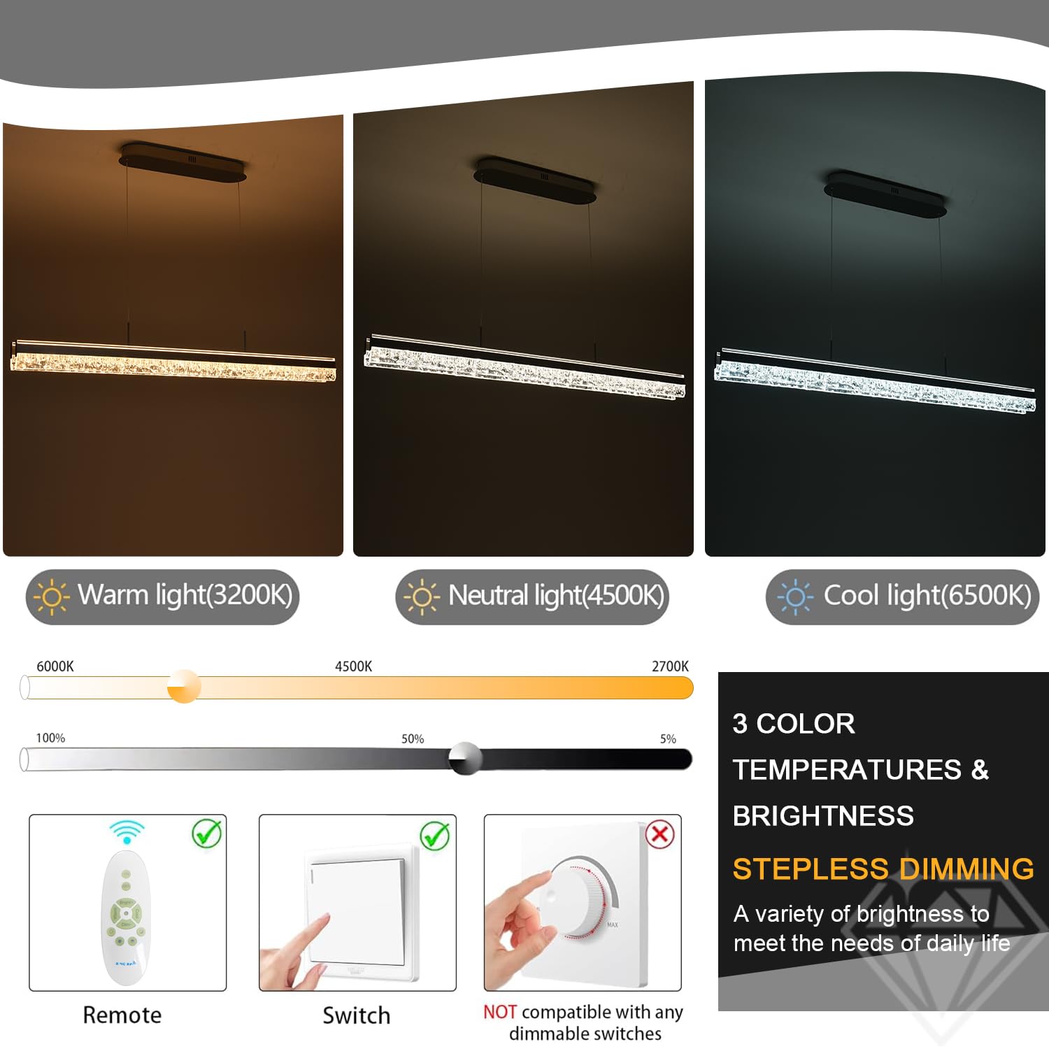 Lámpara colgante LED moderna para mesa de comedor, 120 cm de largo, regulable, iluminación colgante LED para isla de cocina, lámpara de techo de lujo para comedor y oficina