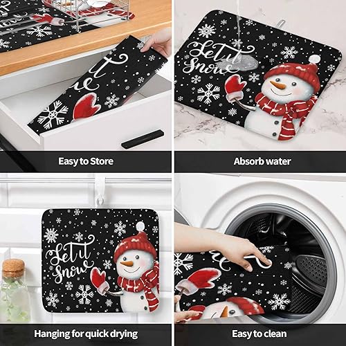Miniatura 4 de Tapete de secado de platos de Navidad de muñeco de nieve negro para encimera de cocina, tapete de secado de platos de copo de nieve de invierno de