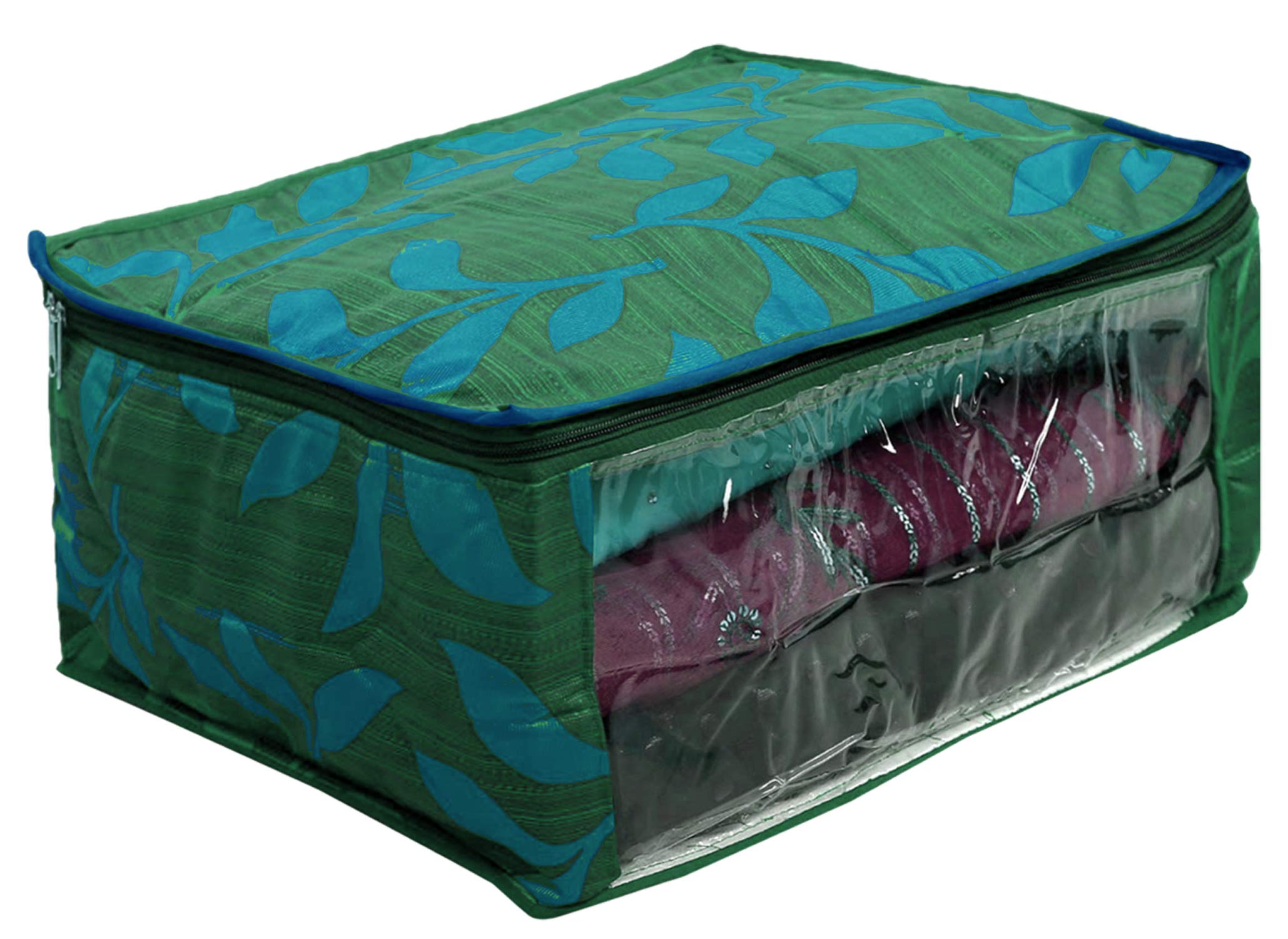 Kuber Industries Leaf Printed Saree Cover Bag/Wardrobe Organiser with Transparent Window (Green)