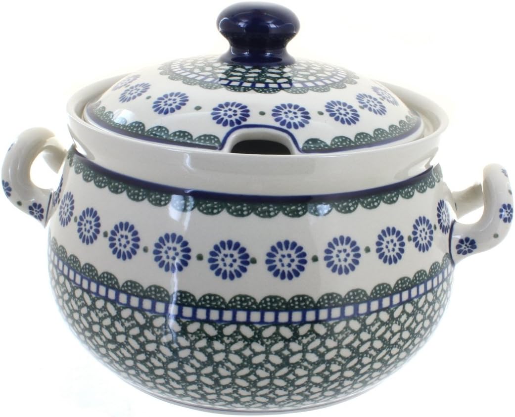 Blue Rose Polish Pottery - Blue Sapphire Fields Soup Tureen - 15 Cup Capacity - Hand-Painted Polish Pottery Serving Bowl with Lid