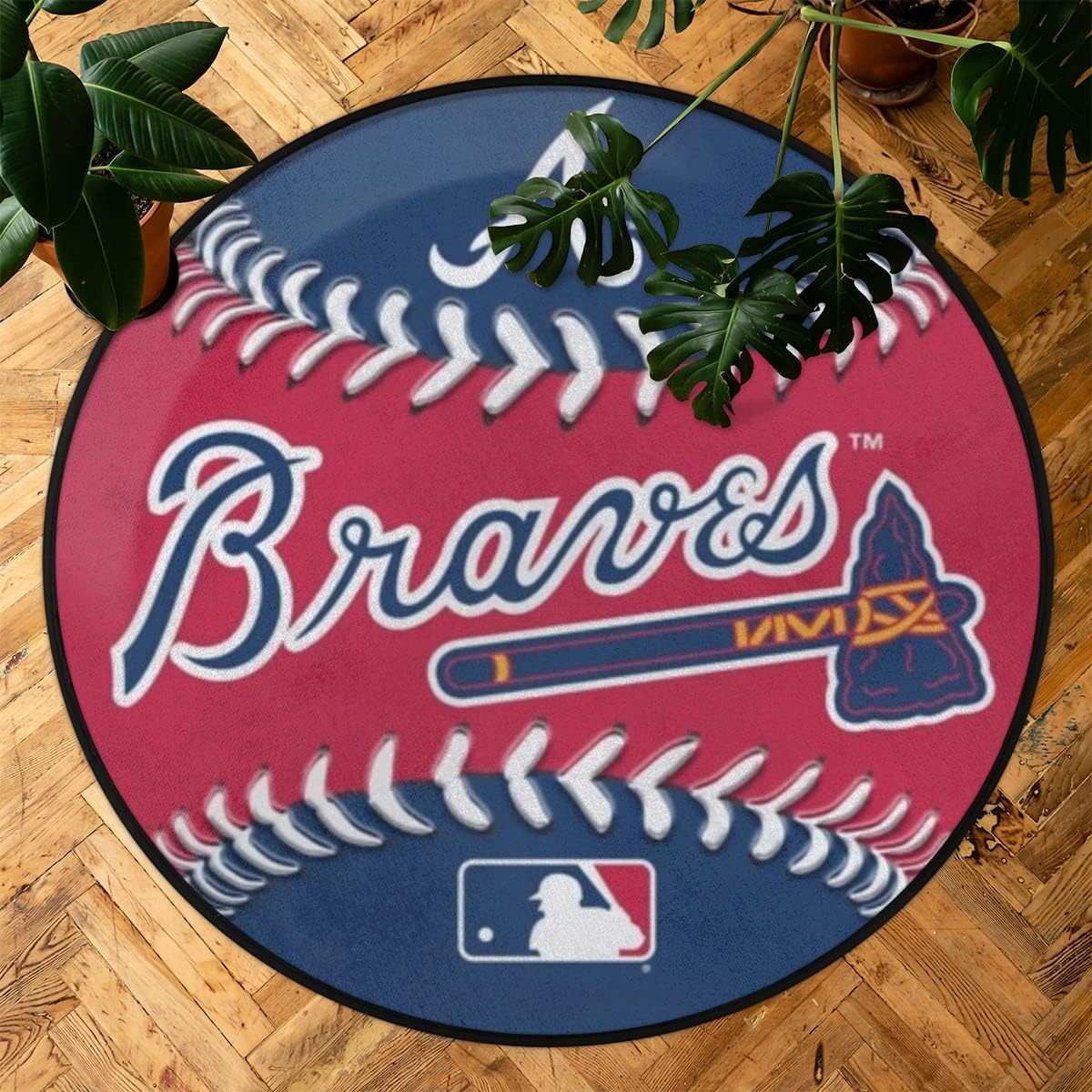 Braves Baseball Rug 5.3ft /63inch Round Area Rug Non-Slip Absorbent Carpet Adult Kids Ball Circle Rugs for Bedroom Living Room Nursery Sofa Home Decor