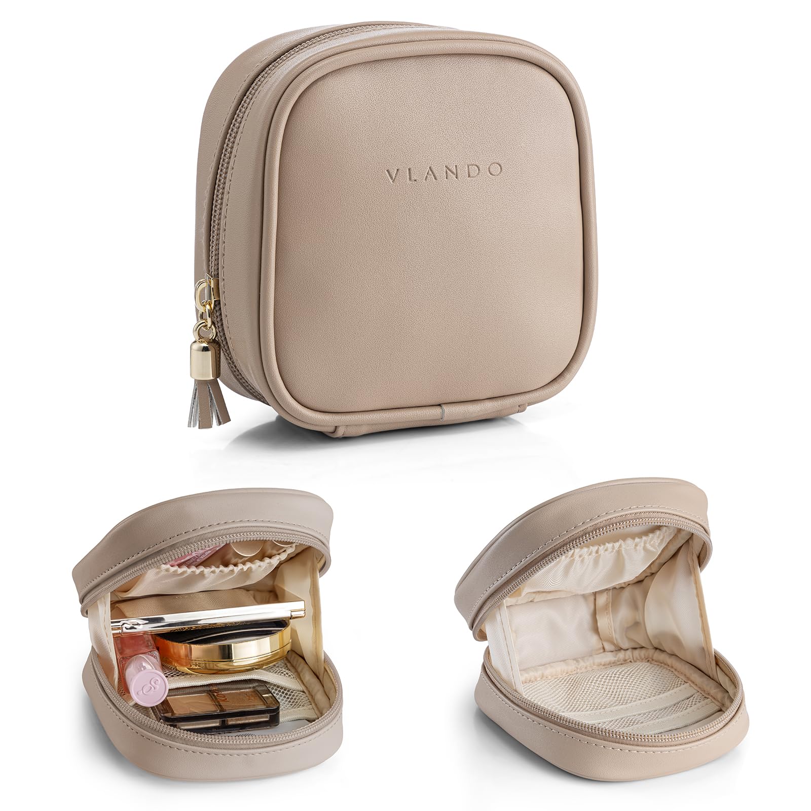 VLANDO Kosmetiktasche Klein aus Kunstleder, Kompakte Make Up Tasche, Schminktasche für Mädchen und Frauen, Wasserdicht, Kabeltasche, Medikamententasche, Mehrere Fächer, für Reisen
