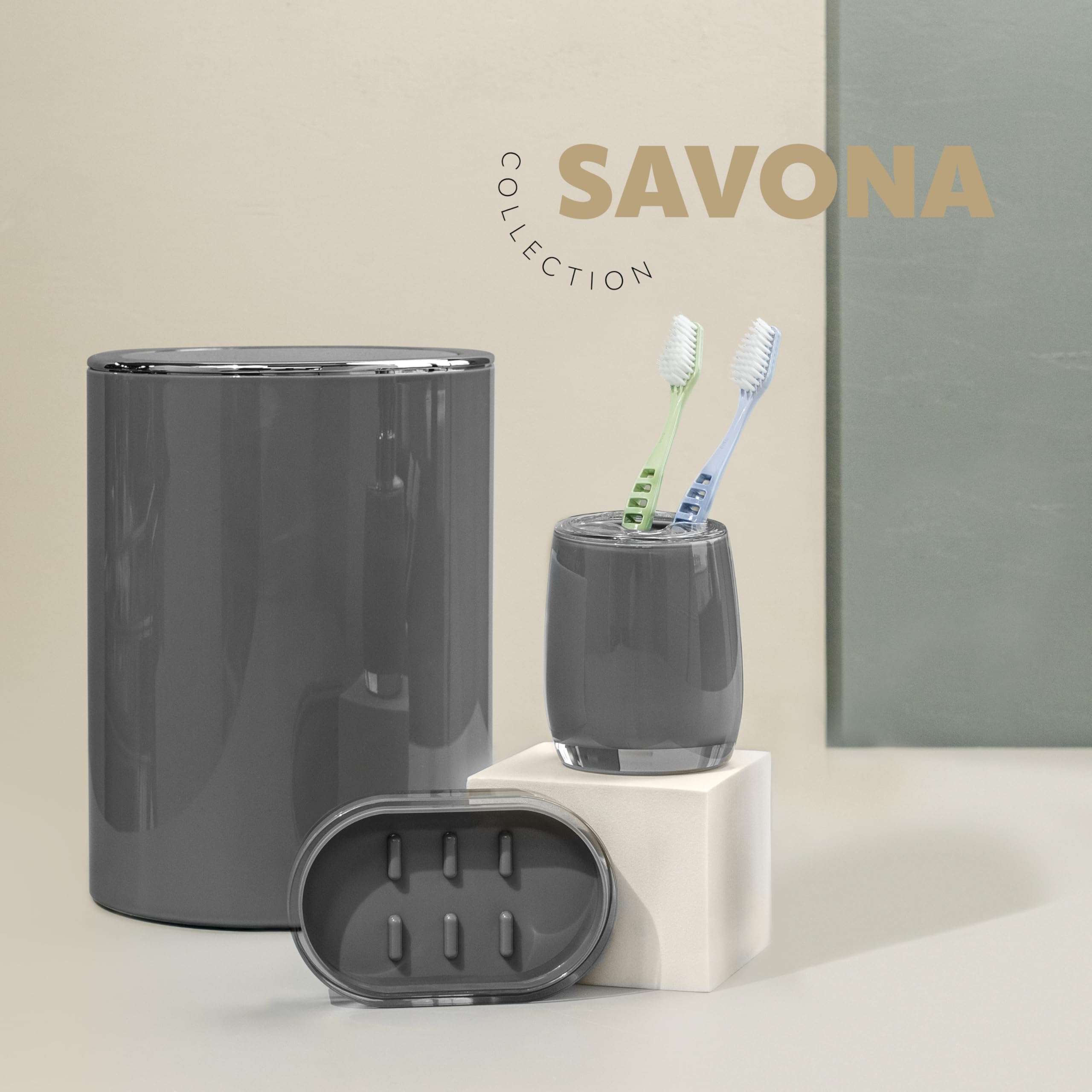 bremermann Bad-Serie Savona - Badezimmer Zubehör-Set 3tlg. bestehend aus 1x Kosmetikeimer 5,5 Liter, 1x Zahnputzbecher 1x Seifenschale, Badaccessoires aus Kunststoff, grau