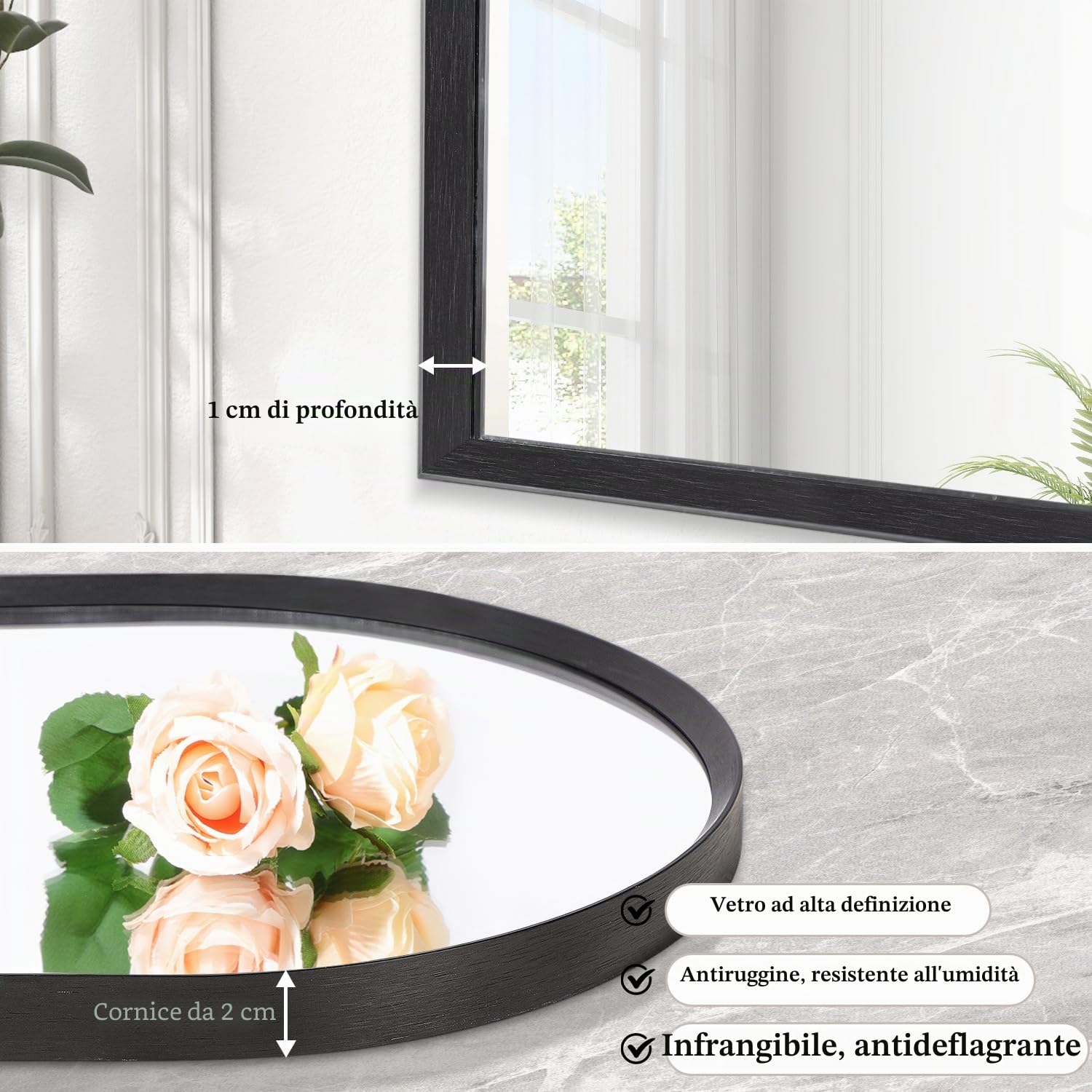 Specchio da bagno ad arco, specchio da parete, specchio da parete nero con cornice in metallo, decorazione per la casa per camera da letto, ingresso, soggiorno, 40 x 50 cm