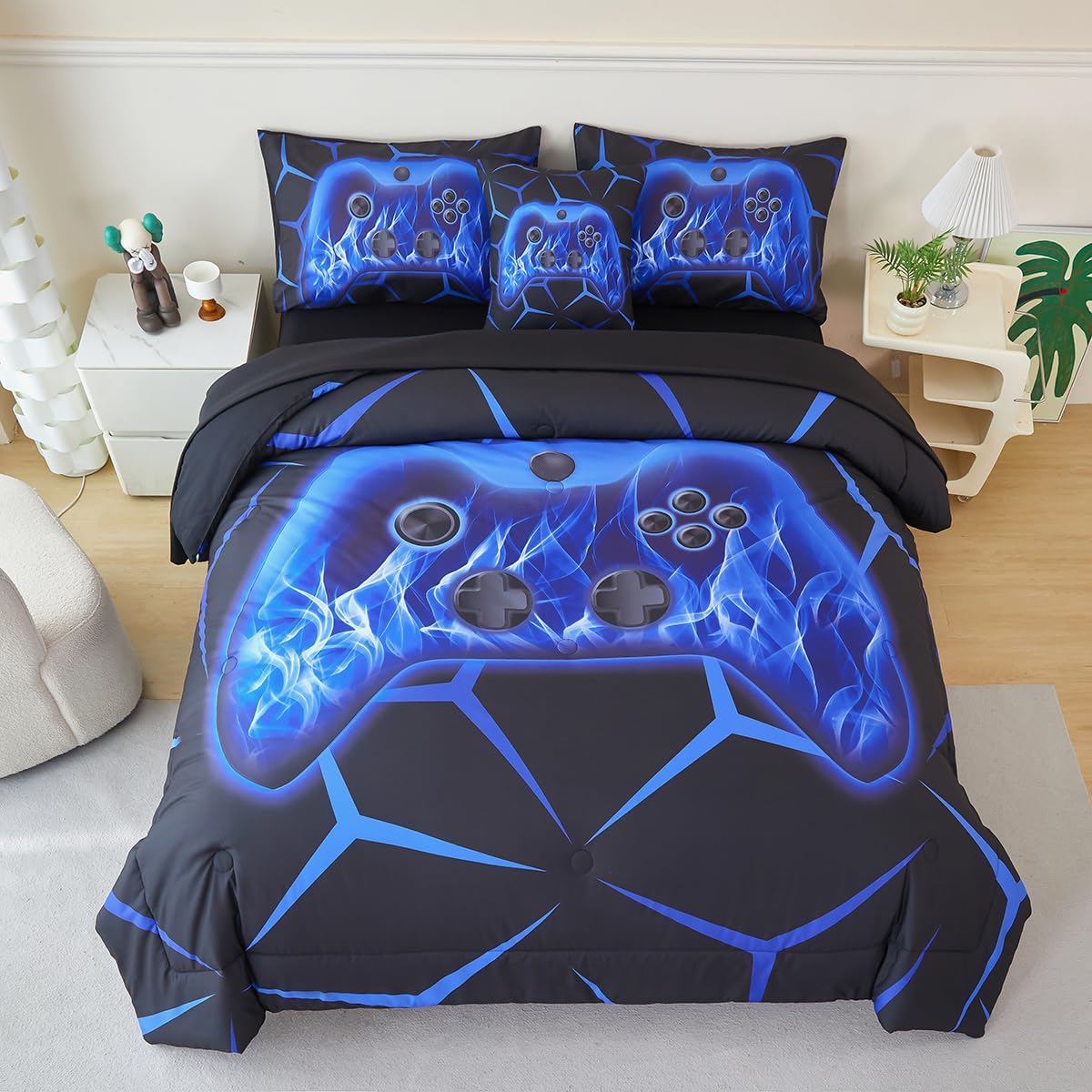 ZSYAYAHA 6 Pieces Boy Bedding Set Twin Gamer Bed in A Bag Set Game Console Comforter Set for Kids Teens Gorgeous Lightweight Black Blue Games Gaming Theme Bed Sets with Sheets(Blue, Twin)