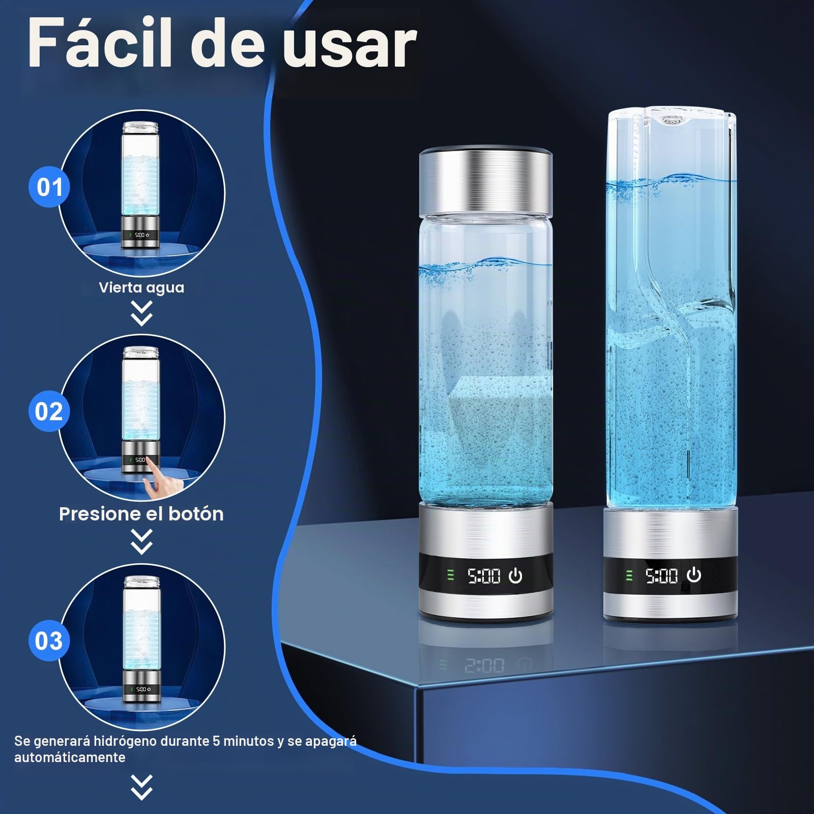 Botella de Agua Hidrogenada,Generador de Agua Hidrogenada de 450 ml | Ionizador de Agua de Hidrógeno Portátil para Deporte,Hogar,Oficina y Viajes,Generación de Agua Hidrogenada en 5 Minutos