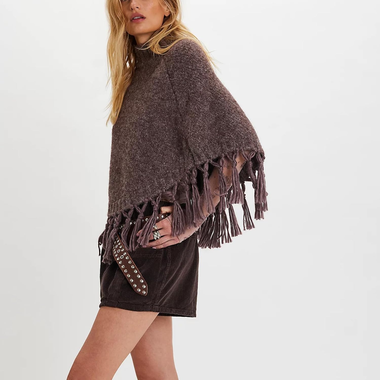 Women Tassel Poncho Sweater Mock Neck Fringed Hem Shawl Y2k Vintage Asymmetrical Pullover Cape Shrug Knitwear - Image 2