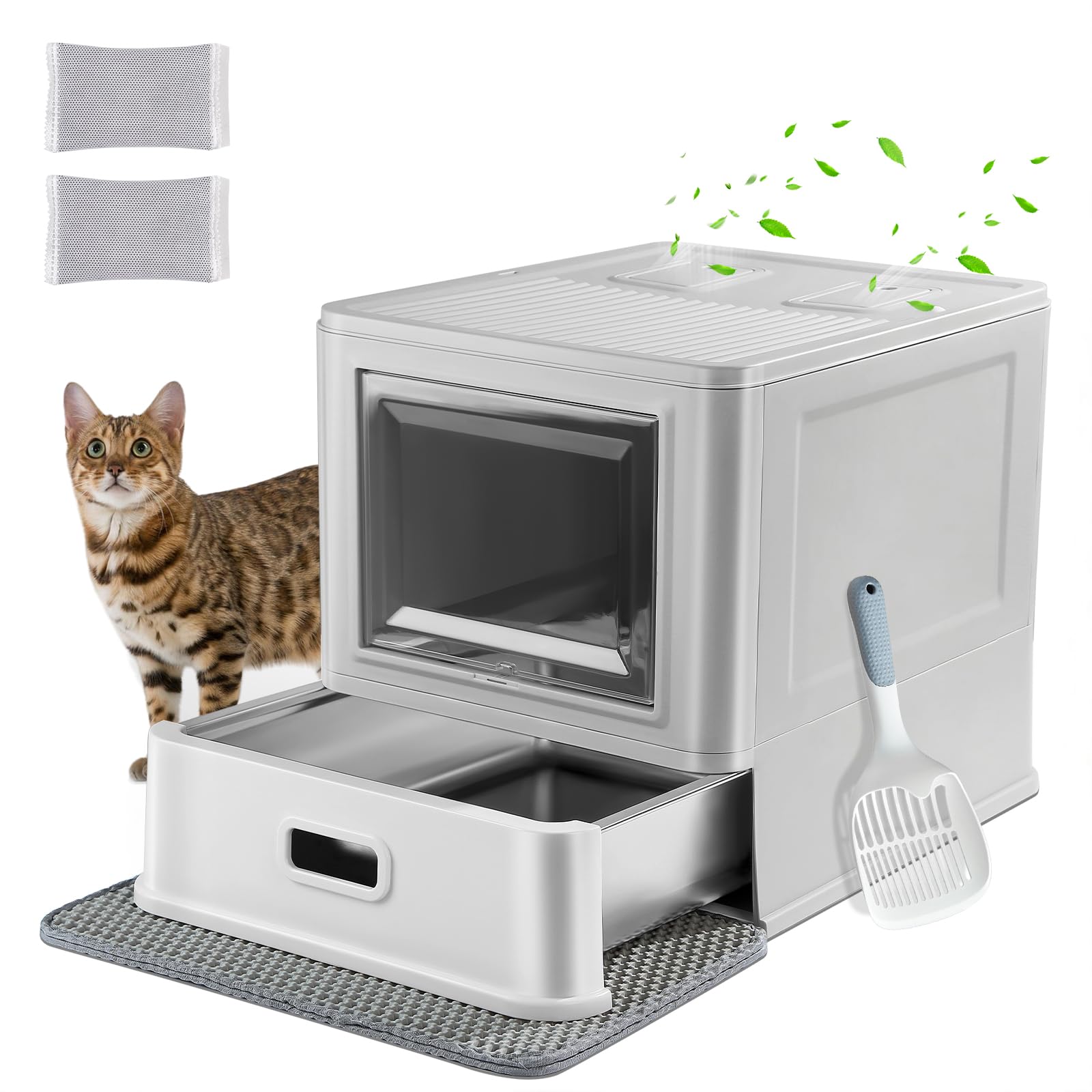 Marchul Enclosed Stainless Steel Cat Litter Box with Lid & Drawer Design, XL Extra Large for Indoor Cats, Metal Covered Cat Litter Box, Baffles for Anti-Leakag, with Litter Scoop & Litter Mat