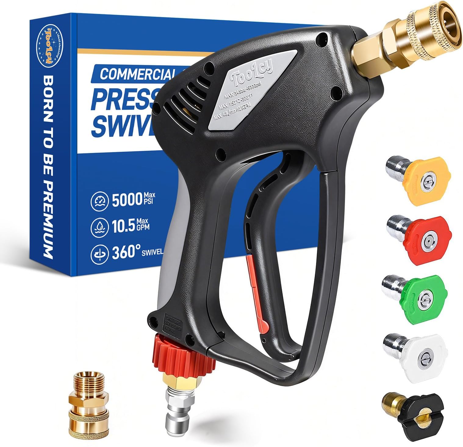 TOOLCY Pro Short Pressure Washer Gun 5000 PSI with 360ยฐ Swivel,3/8" Quick Connect Inlet, High Pressure Washer Gun with 1/4" Quick Connect Outlet, Includes 3/8" QC to M22-14mm Adapter & 5 Nozzle Tips