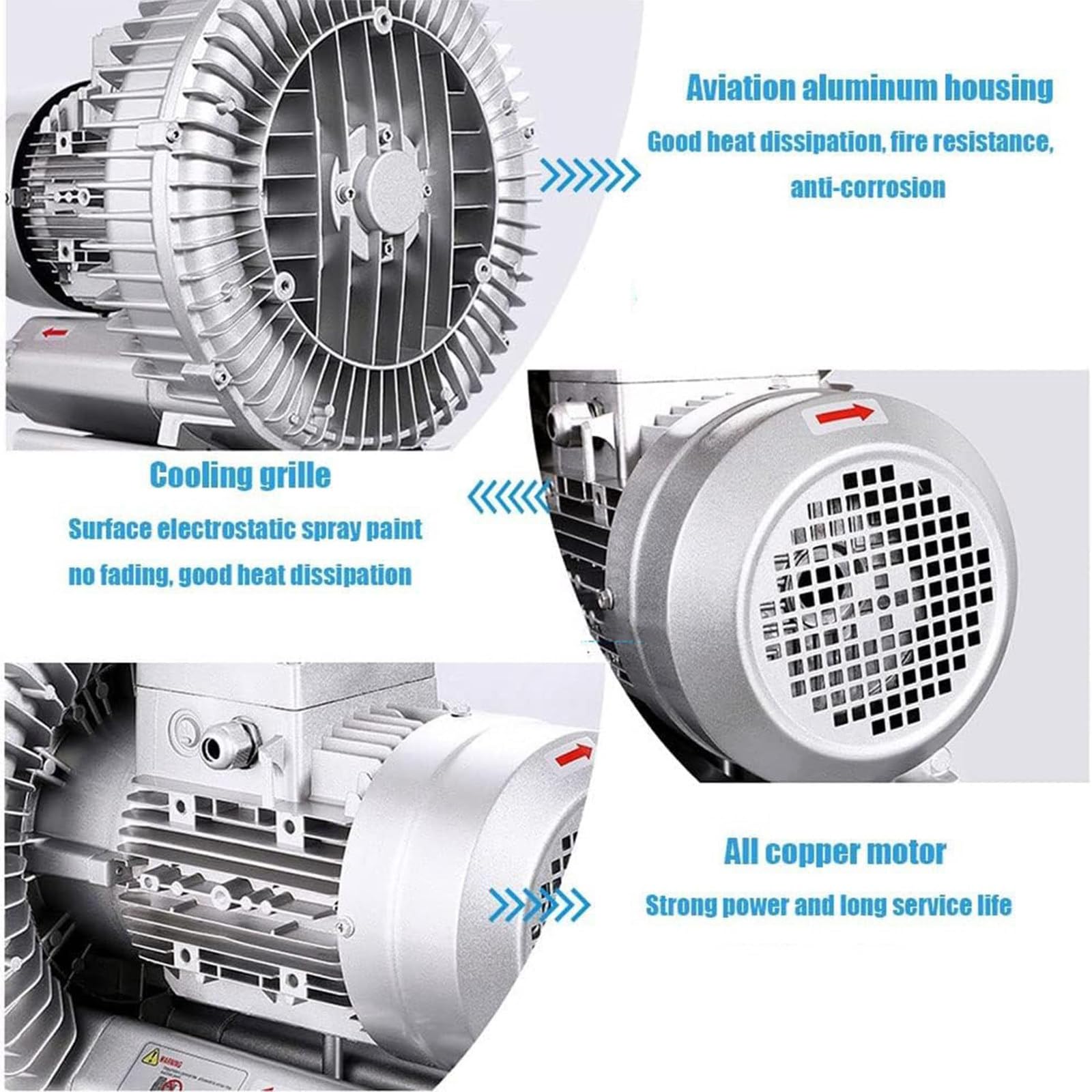 Soffiatore rigenerativo, monofase 120W-1100W, soffiante ad Anello a vortice ad Alta Pressione, soffiante a Canale Laterale, per soffiaggio d'Aria o aspirazione,1100W/1.48HP