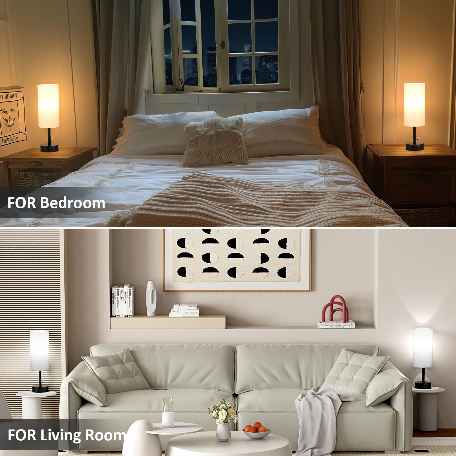 Fenmzee USB-Nachttischlampen, Set mit 2–3 Farbtemperaturen, Zugkettenlampe mit USB-C- und A-Ladeanschlüssen, runde Nachttischlampen für Schlafzimmer