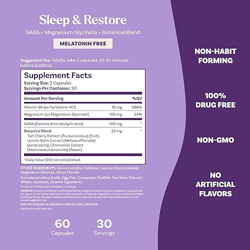 Miniatura 6 de Natrol Cápsulas Sleep & Restore con glicinato de magnesio 100 mg, GABA, esencial para tu sueño reparador definitivo, sin melatonina, suministro para