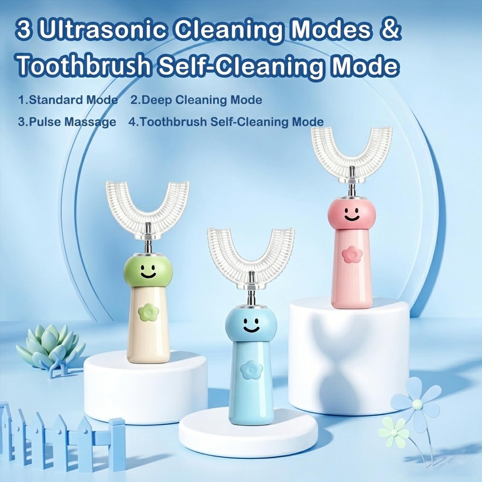 Cepillo de dientes eléctrico en forma de U para niños con 6 cabezales de cepillo, limpieza sónica automática de 360°, 3 modos, IPX7 impermeable, bonito diseño de dibujos animados, edades de 6