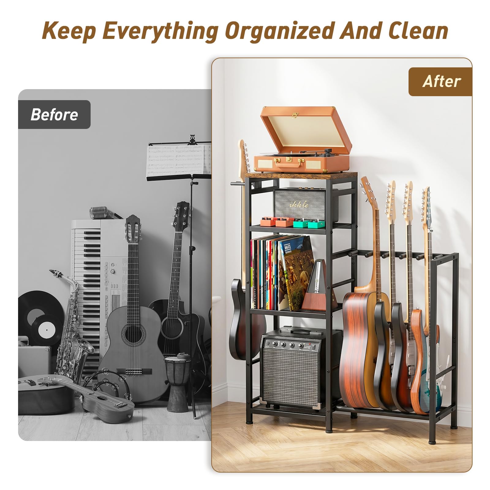ikkle Soporte para múltiples guitarras con compartimentos de almacenamiento | Soporte de guitarra con soporte para discos, tocadiscos y amplificador, almacenamiento de guitarra para estudio en casa