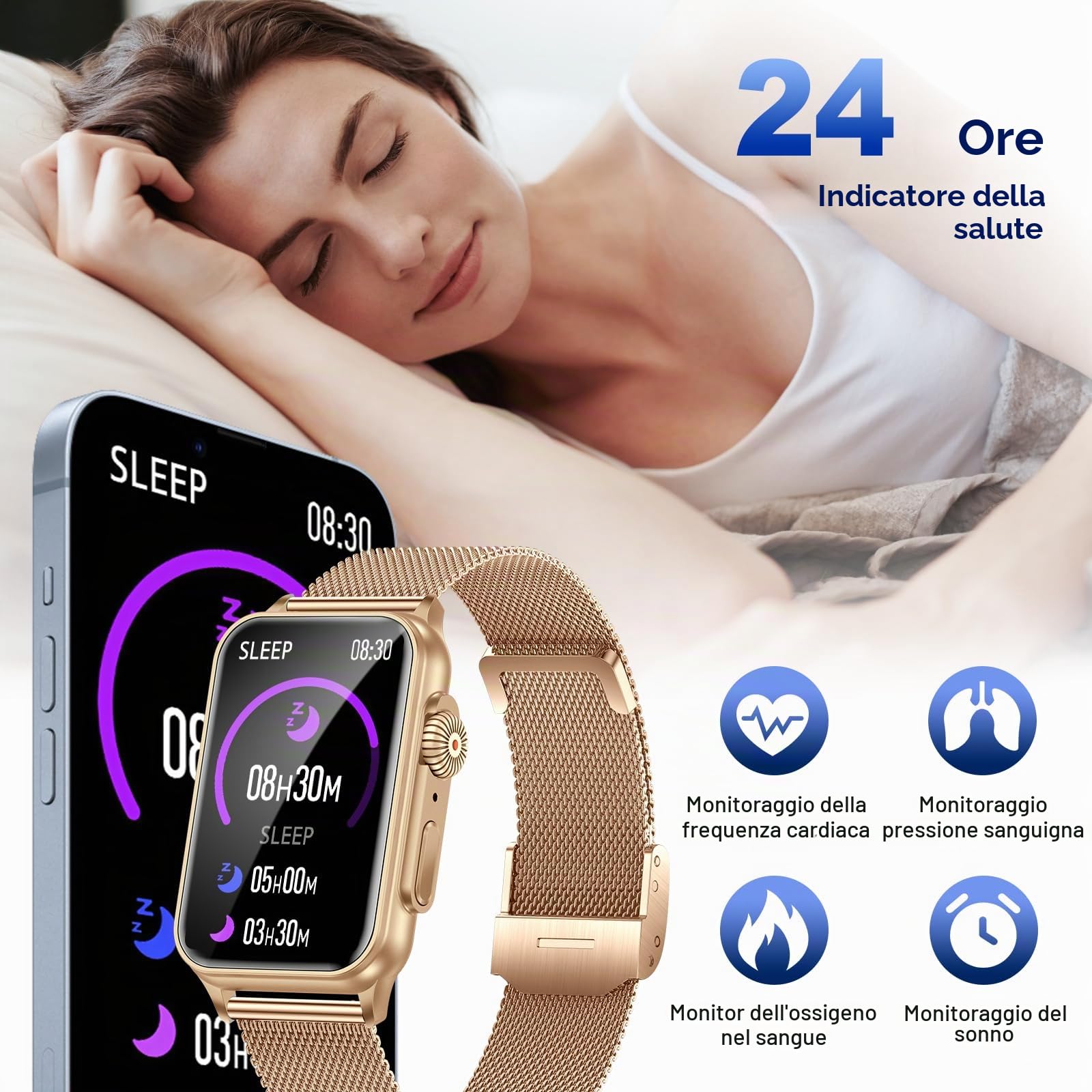 Smartwatch Donna Uomo 1.57" Smart Watch con Chiamate 130 Sport Vocale AI Impermeabile IP68 Contapassi SPO2 Sonno Cardiofrequenzimetro, Orologio Smartwatch 5.1 connessione Bluetooth per Android iOS