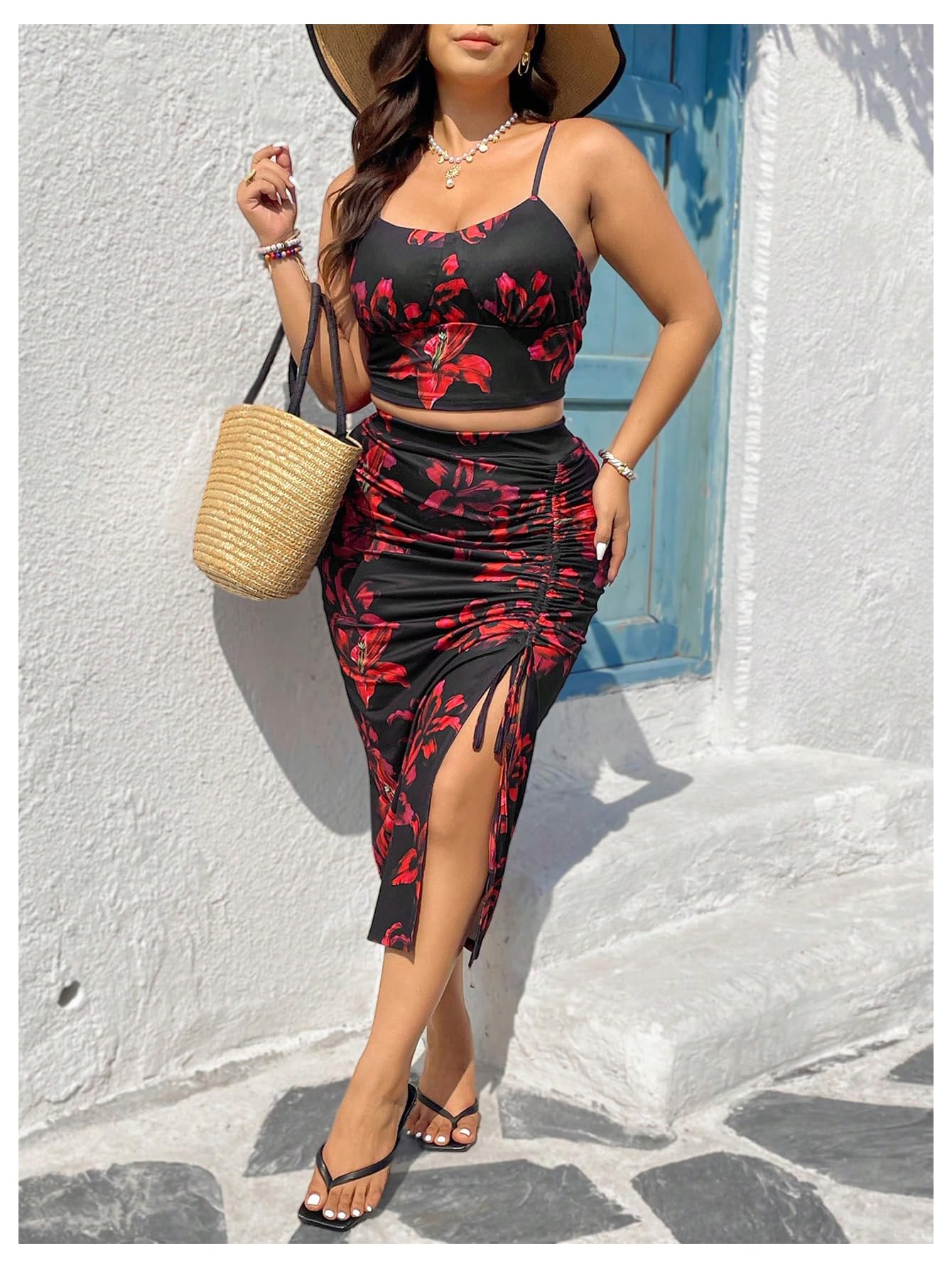 Floerns Women's Plus Size 2 Piece Outfit Cheetah Crop Cami Top Slit Midi Skirts Set