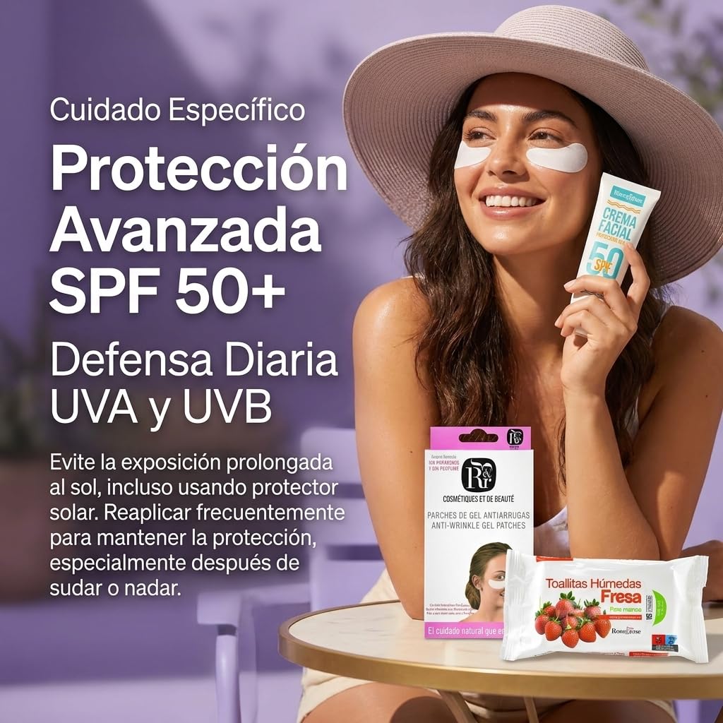 Rose & Rose Zestaw Chusteczek Truskawkowych + Solarny krem do twarzy SPF 50+ + Żelowe plastry do oczu | Czyszczenie, ochrona i świeżość promiennej skóry | Codzienna pielęgnacja twarzy