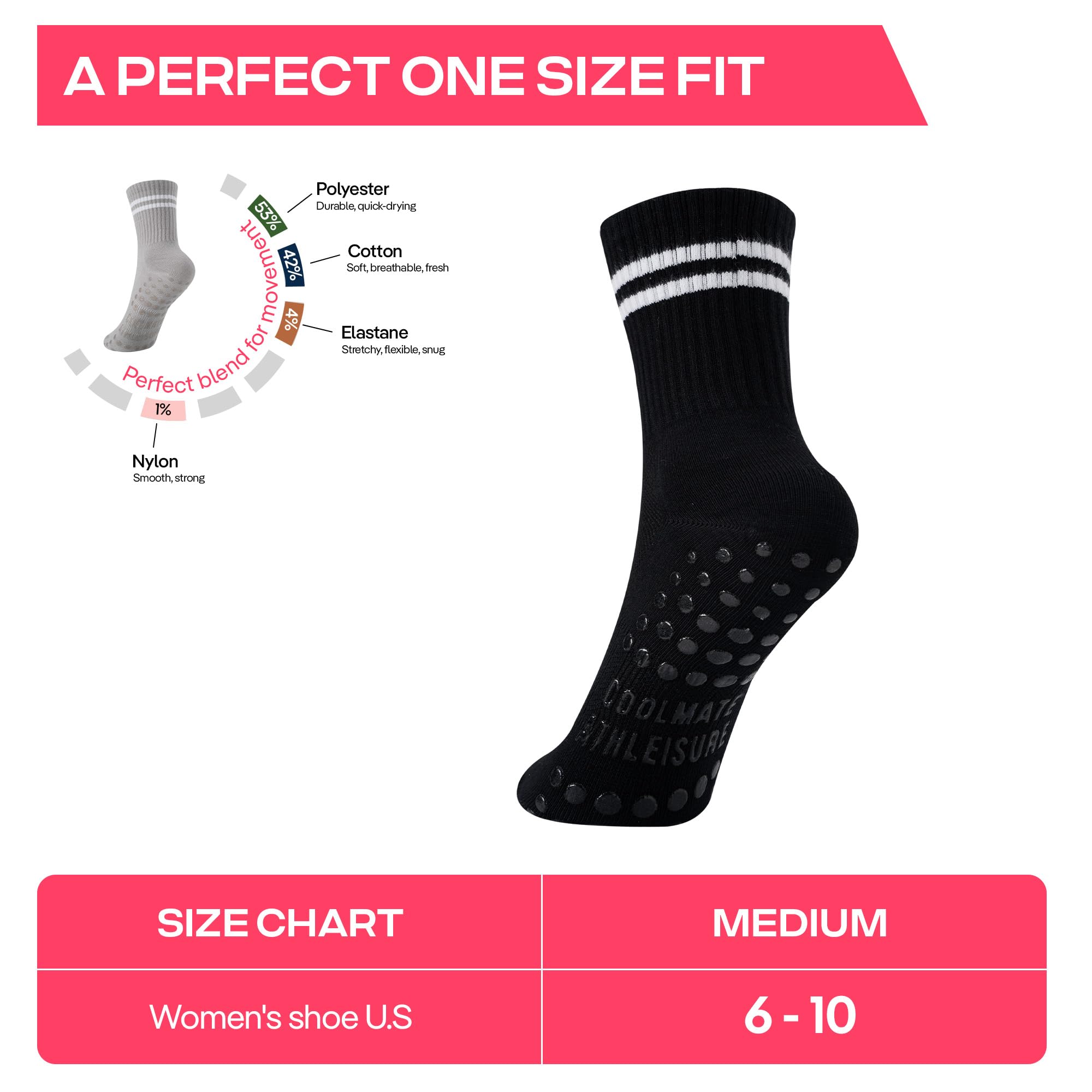 CoolMate Calcetines de pilates con agarres para mujer, calcetines de yoga, calcetines antideslizantes para mujer, para entrenamiento, barra, regalos de pilates