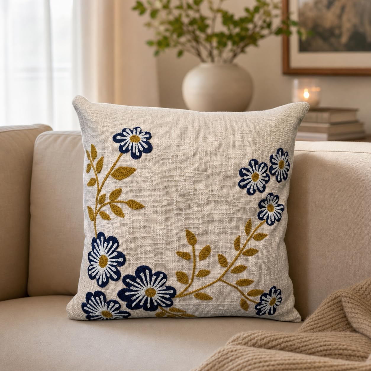 Floral Embroidered Cushion Cover Beige 40x40 cm | Handcrafted Design, with Tassels, Sofa & Bed Use, Square Pillow Cover, 1 Piece-image-49