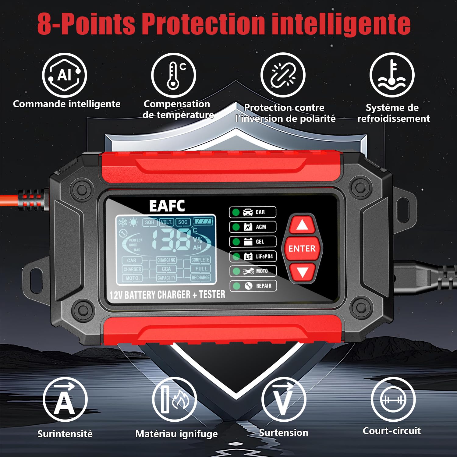 Chargeur de Batterie 12V 8A Intelligent - Chargeur Universel pour Voiture/Camion/Moto avec Fonction Réparation, Sécurité Anti-Court-Circuit et Écran LCD (Garage, Camping, Usage Domestique)