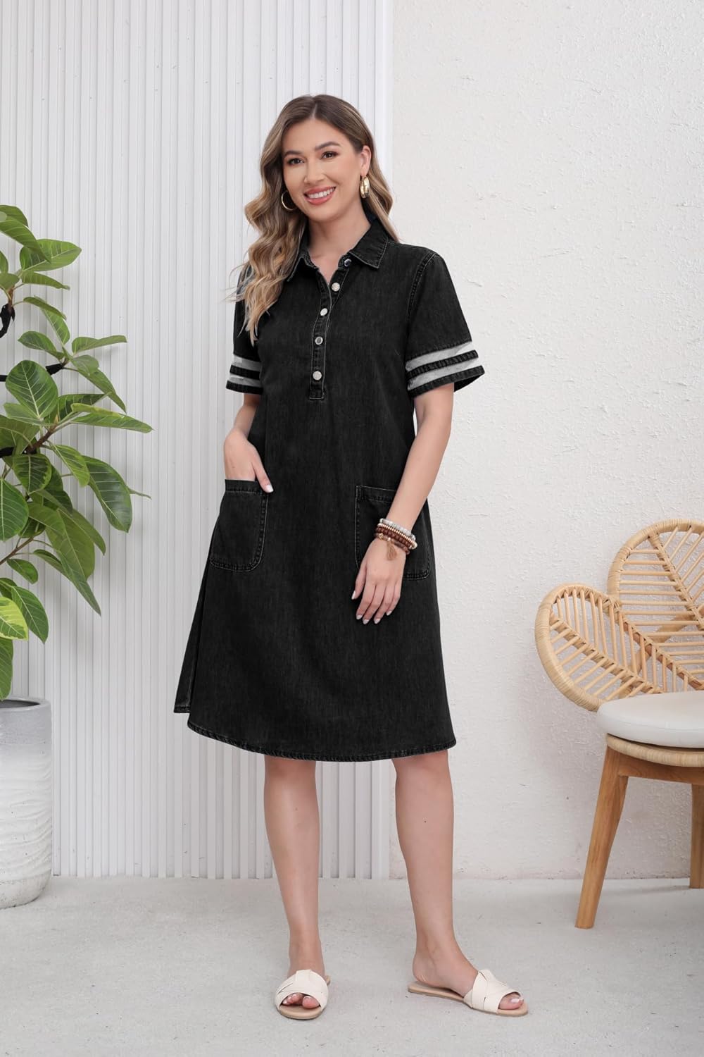 utcoco Denim Dress for Women 2025 Casual Tulle Short Sleeve Button Jean Midi Dress with Pockets - Image 6