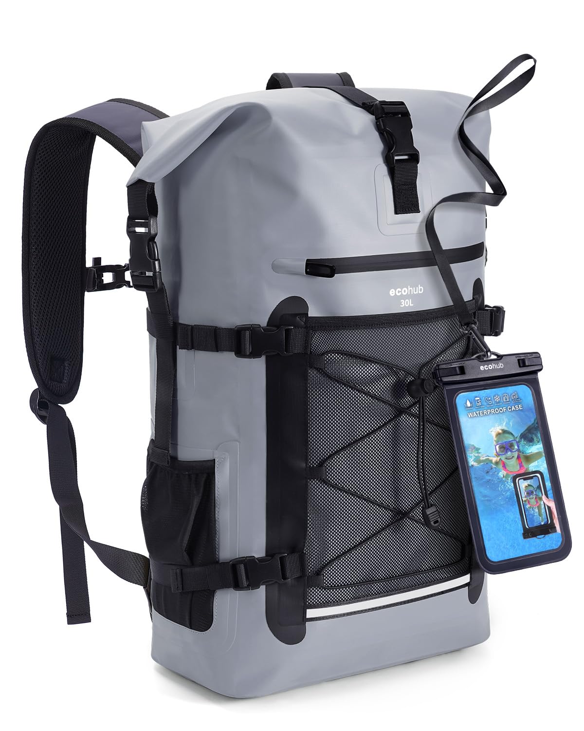ECOHUB Waterproof Backpack for Women Men, 30L Roll-Top Closure Heavy Duty Dry Bag for Travel with IPX8 Waterproof Phone Case