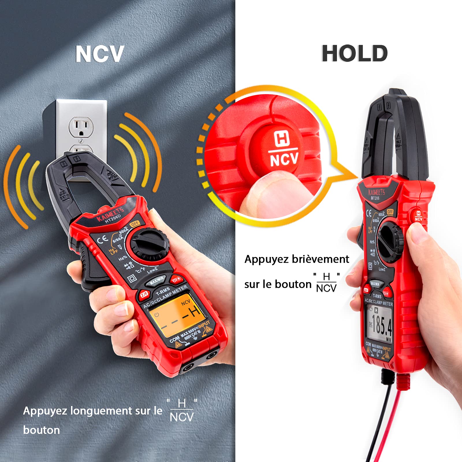 KAIWEETS Pince Ampèremétrique Numerique CA/CC, 0-600A Multimetre Professionnel 6000 Comptes TRMS, Mesure Courant/Tension/Diode/Température/Résistance/Fréquence/Diode/Capacité