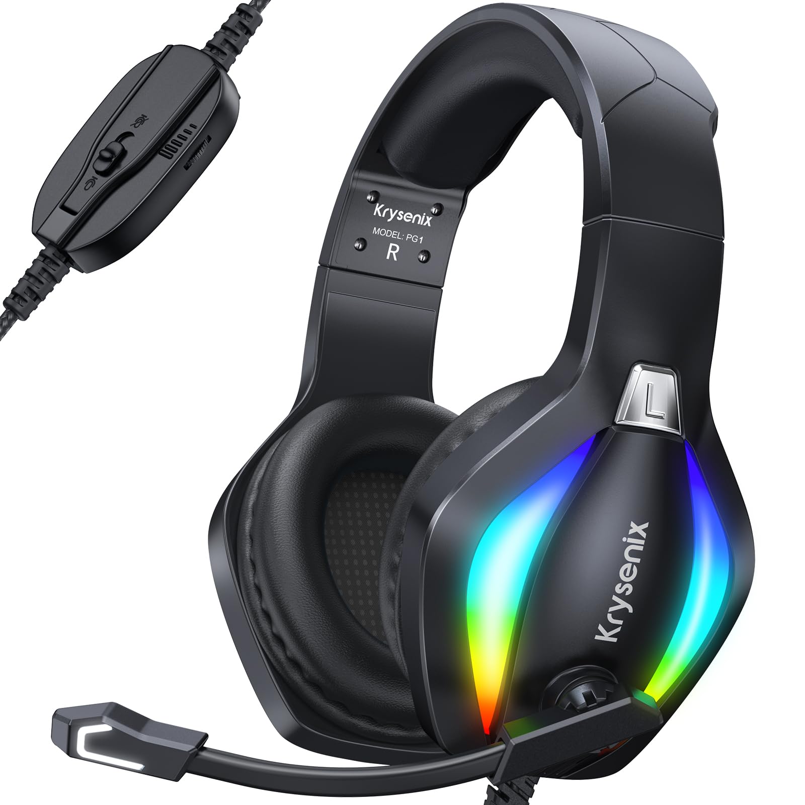 Krysenix PG1 Gaming Headset with Microphone for PS4/PS5/PC/Nintendo Switch/Xbox, Xbox One Headset with RGB Light, Computer Headset with Mic & 3.5mm Jack Black