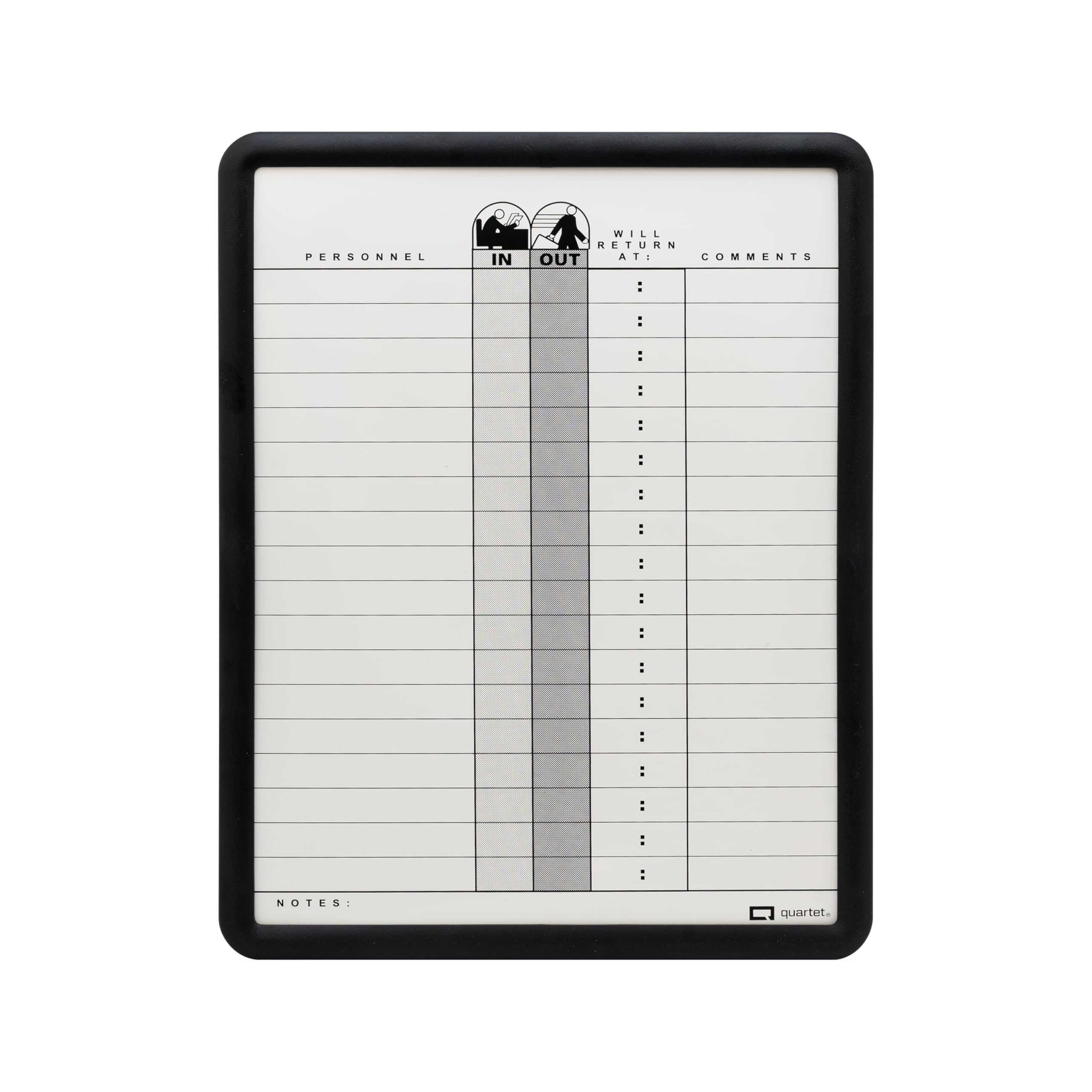 Quartet In/Out Board, 11" x 14", DuraMax Porcelain, In and Out Board, 18 Names, Classic Gray, Black Frame (750)